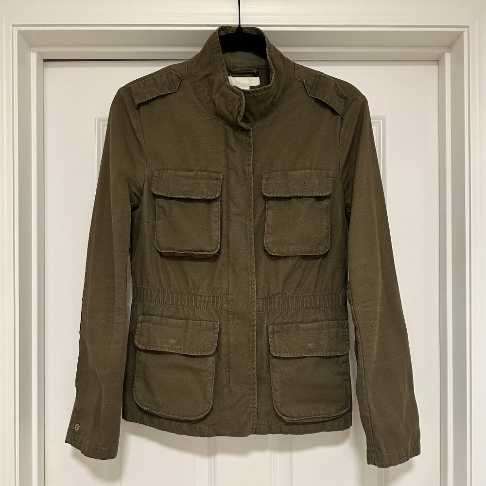 H&M Olive Green Twill Utility Jacket Cinch Waist Multi-Pocket Sz 6